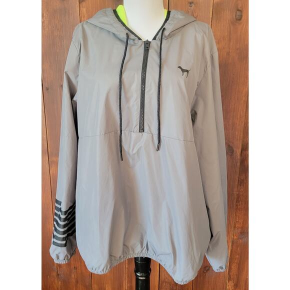 PINK Victoria’s Secret Gray Windbreaker Jacket M/L- W Neon Yellow Mesh Hood Logo - Picture 1 of 16